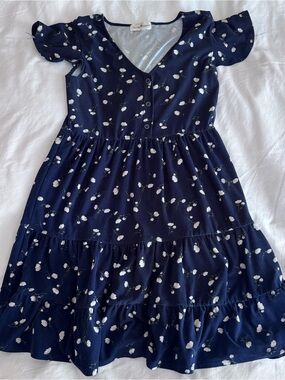 Navy Floral Ruffle Sleeve Dress